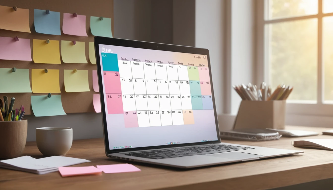 Egy laptop képernyőjén egy színes naptár látható, háttérben poszterekkel.