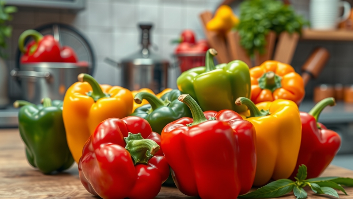 Színes TV paprikák a konyhapulton, egészséges étkezéshez
