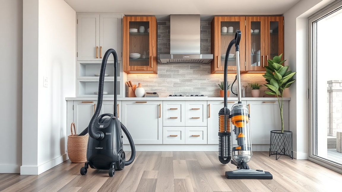 Központi porszívó és hagyományos porszívó a modern konyhában.