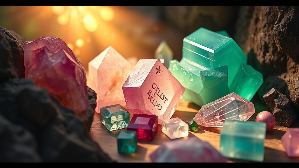 Színes kristályok és gyógyító kövek egy asztalon, lágy fényben.