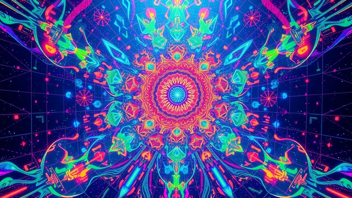 Színes mandala művészet, amely a tudatmódosulást szimbolizálja.