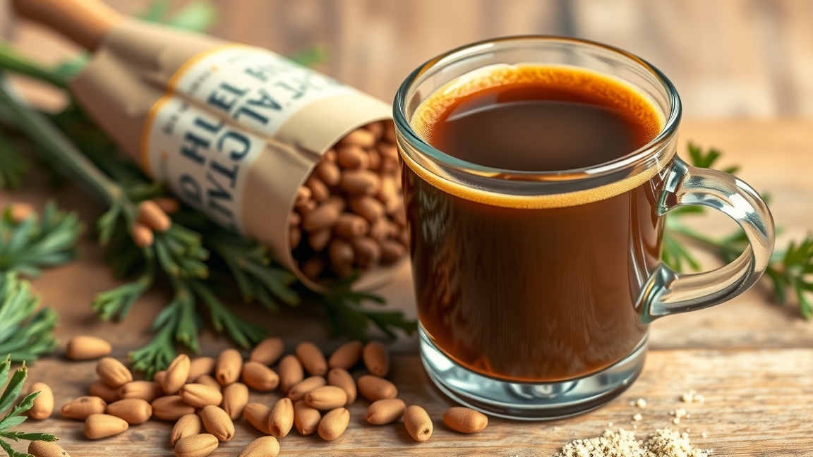 Cikória kávé műanyag pohárban, cikória gyökérrel és magvakkal.