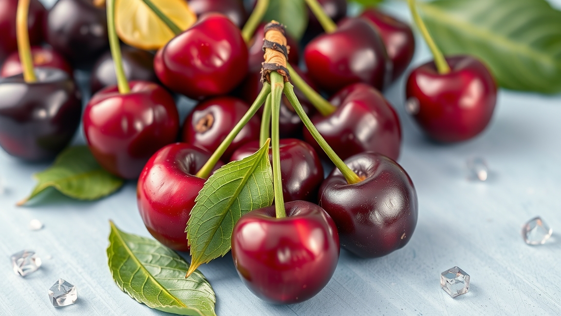 Friss, érett cseresznyék levelekkel és jéggel díszítve