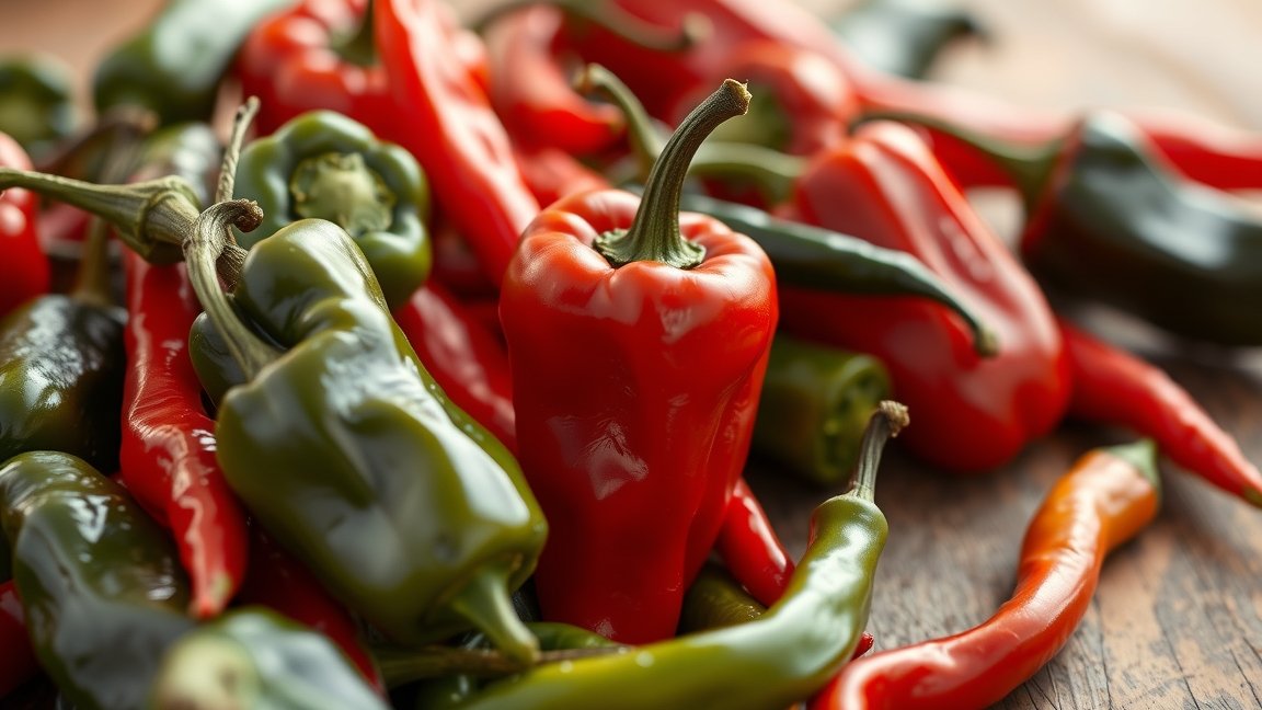 Friss csípős paprikák különböző színekben, zöld és piros.