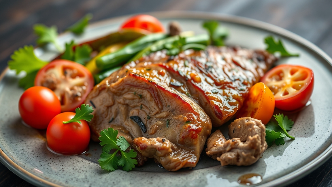 Finom csirkemáj tál, friss zöldségekkel és paradicsommal.