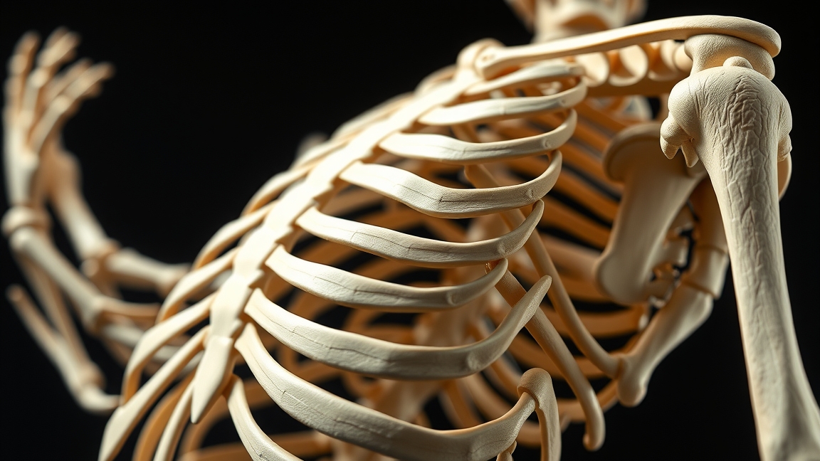 Emberi csontváz részlete, a bordák és a vállízület látható.