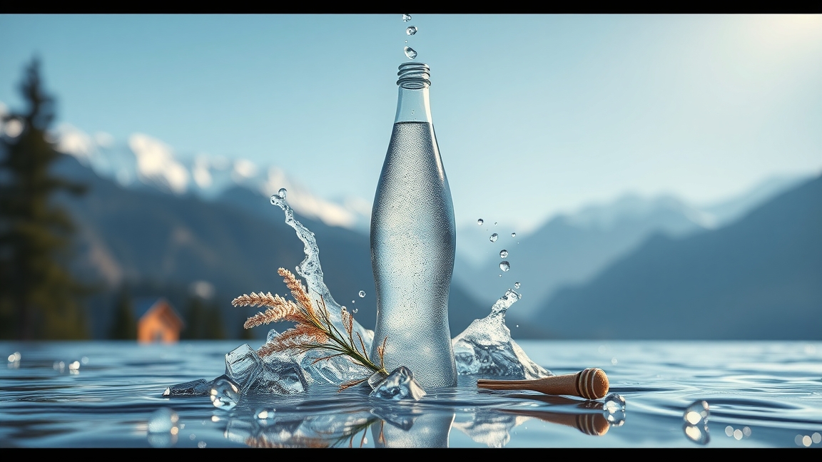 Füredi savanyúvíz palack, friss víz és természetes elemek egy gyönyörű tájban.