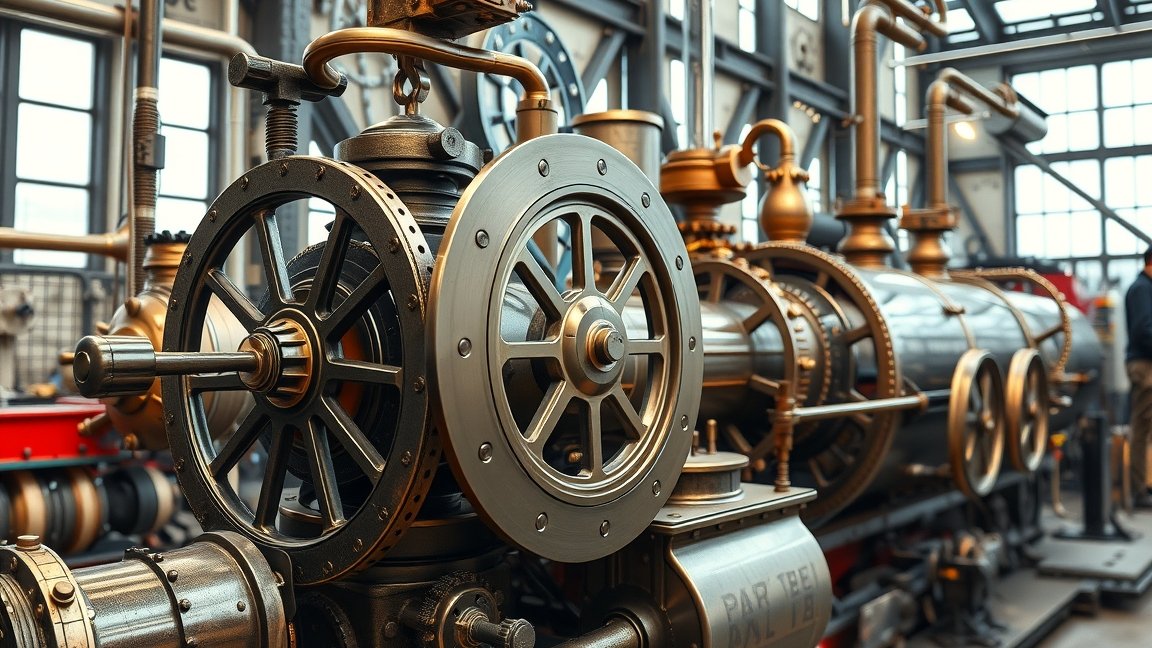 Gőzgép részletei ipari környezetben, gépi alkatrészekkel.