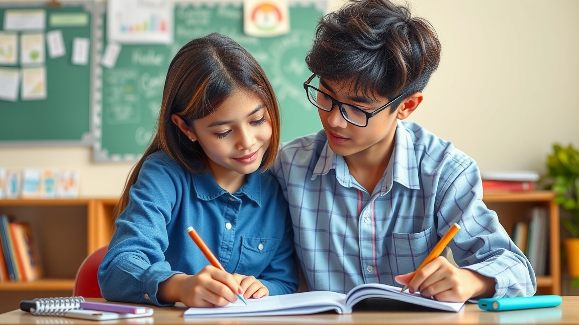 Két gyermek tanul házi feladatot egy osztályteremben.