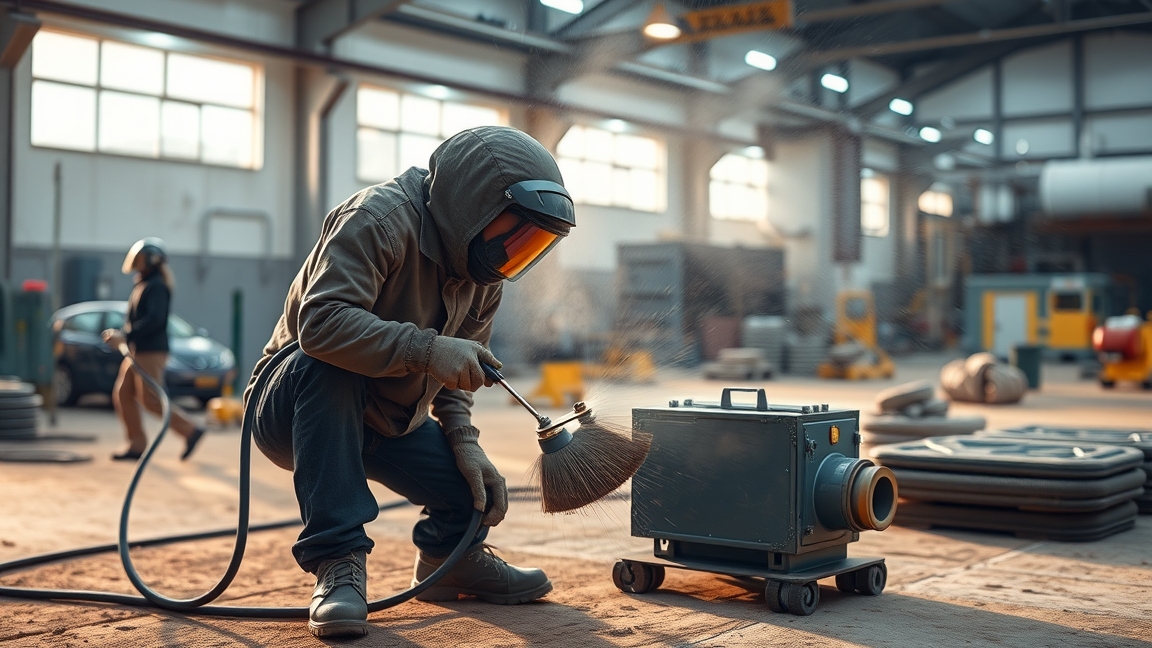 Homokszórás folyamat egy ipari műhelyben