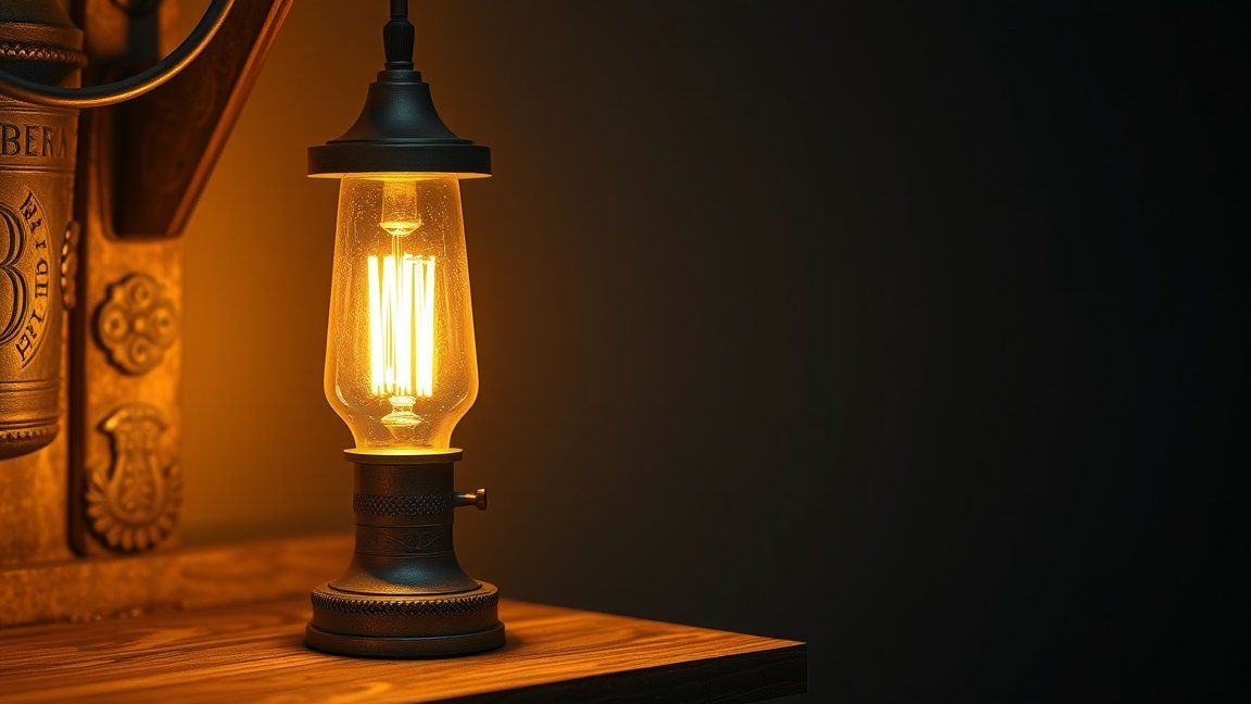 Karbidlámpa az asztalon, meleg fénnyel világítva.