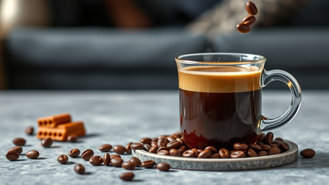 Egy csésze kávé és kávészemek a könyvespolc melletti asztalon