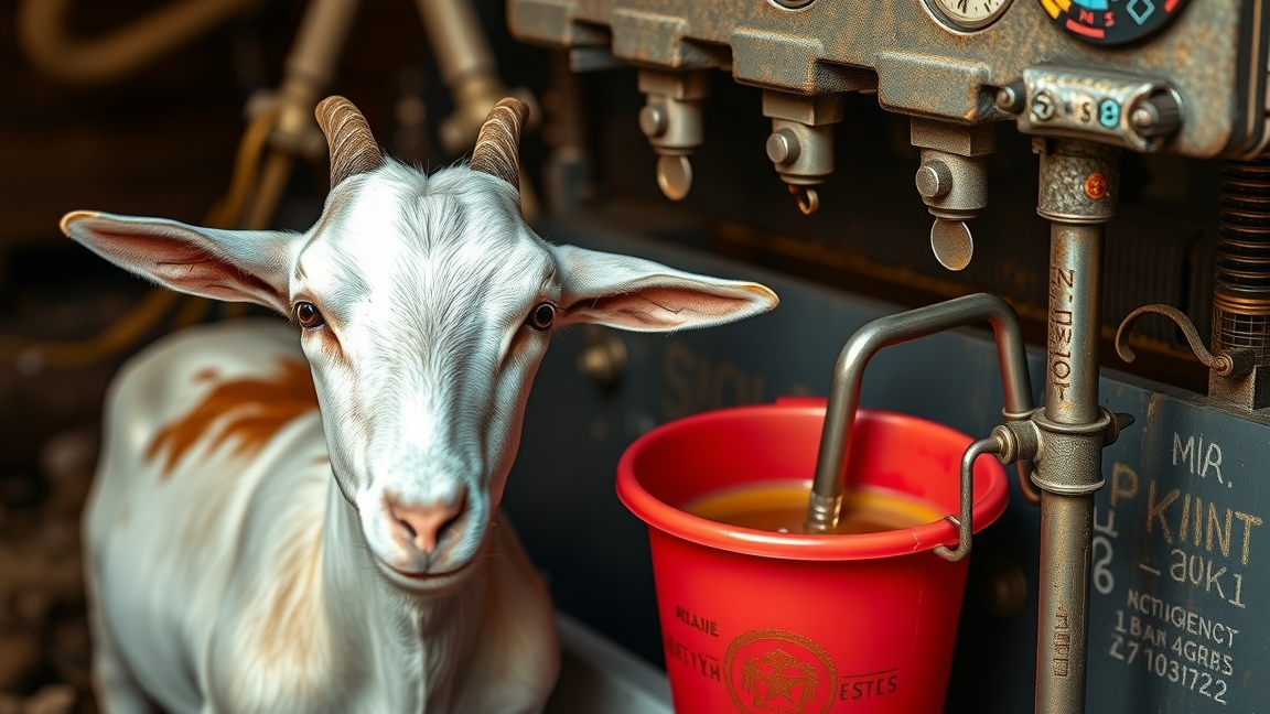 Kecske fejőgép működés képe, piros vödör tejjel.
