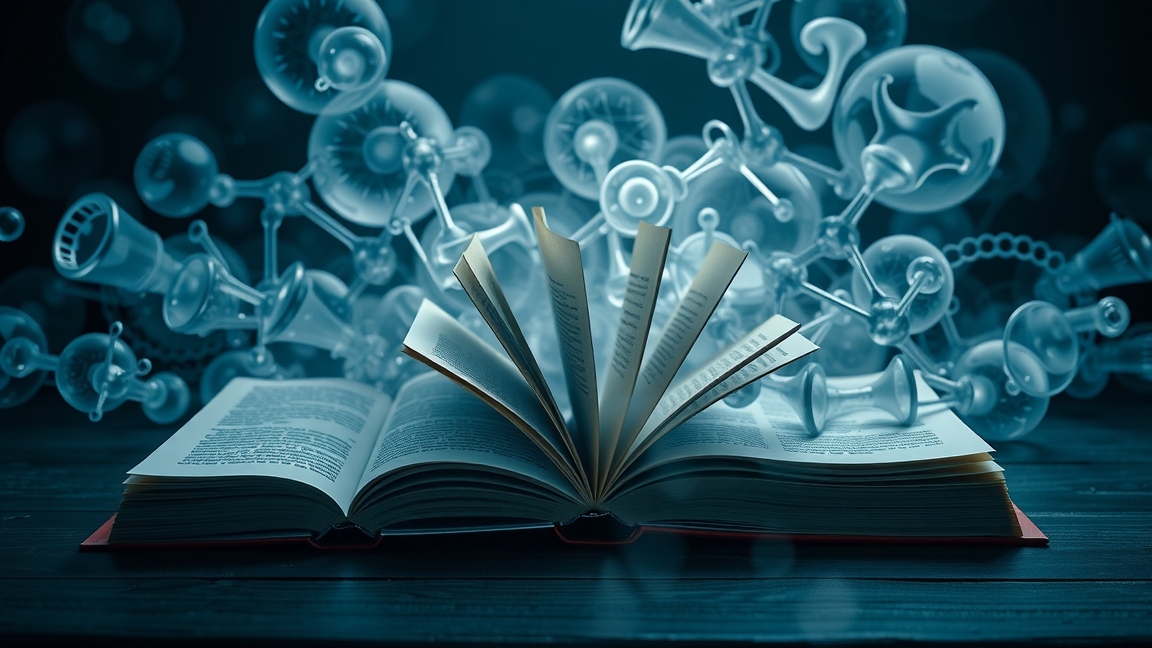 Nyitott könyv tudományos szimbólumokkal a háttérben