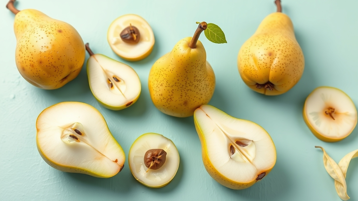 Friss körte szeletek és egész körte egy világoskék háttéren.
