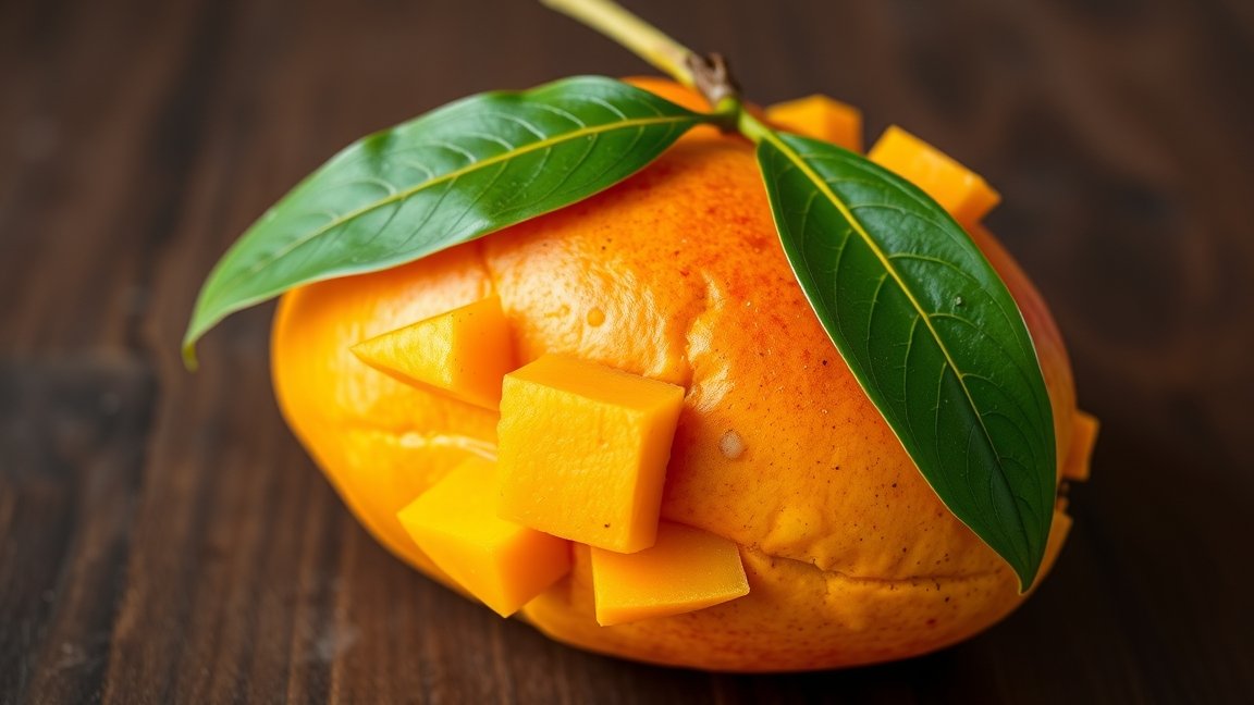 Friss mangó vitaminokkal és zöld levéllel