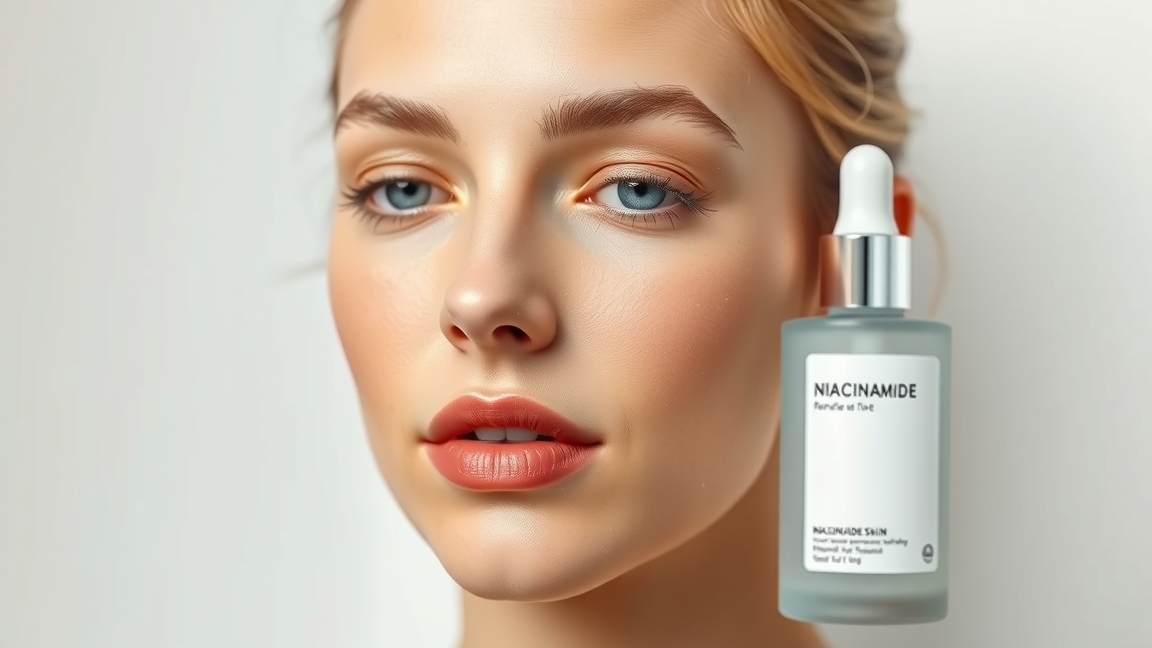 Niacinamid szérum arcbőrre, fiatal női modell, egészséges bőrápolás.