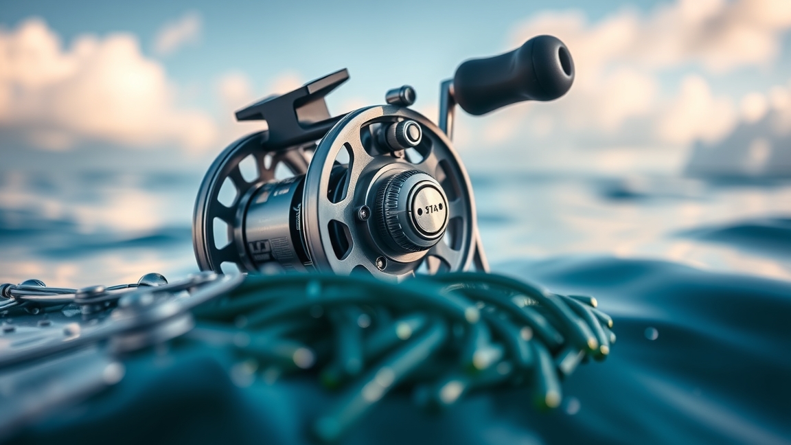 Modern nyeletőfék horgászbothoz, zöld zsinórral a vízben