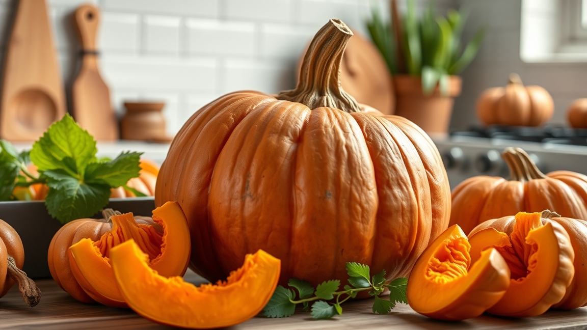Friss nyers sütőtök a konyhában, gazdag vitaminokban és tápanyagokban.
