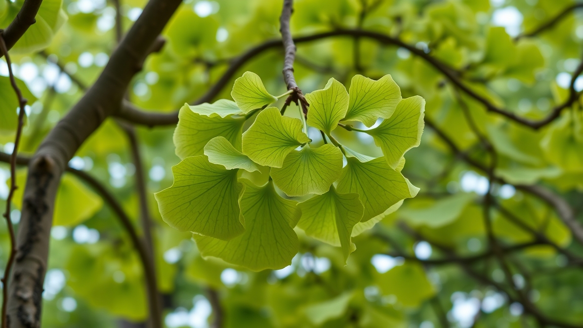 Páfrányfenyő (Ginkgo biloba) levelei a fán, egészségi előnyökkel.