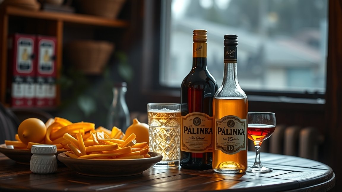 Pálinka és friss gyümölcsök egy fából készült asztalon