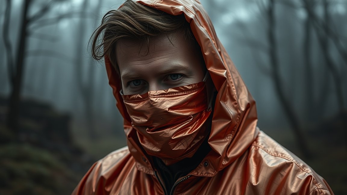 Fiatal férfi narancssárga esőkabátban ködös erdőben.