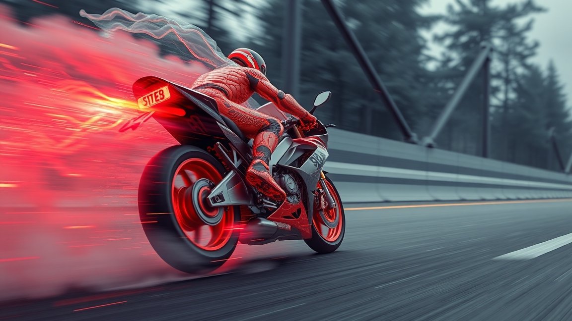 Fokozott sebesség motorkerékpáron, élénk piros fénnyel