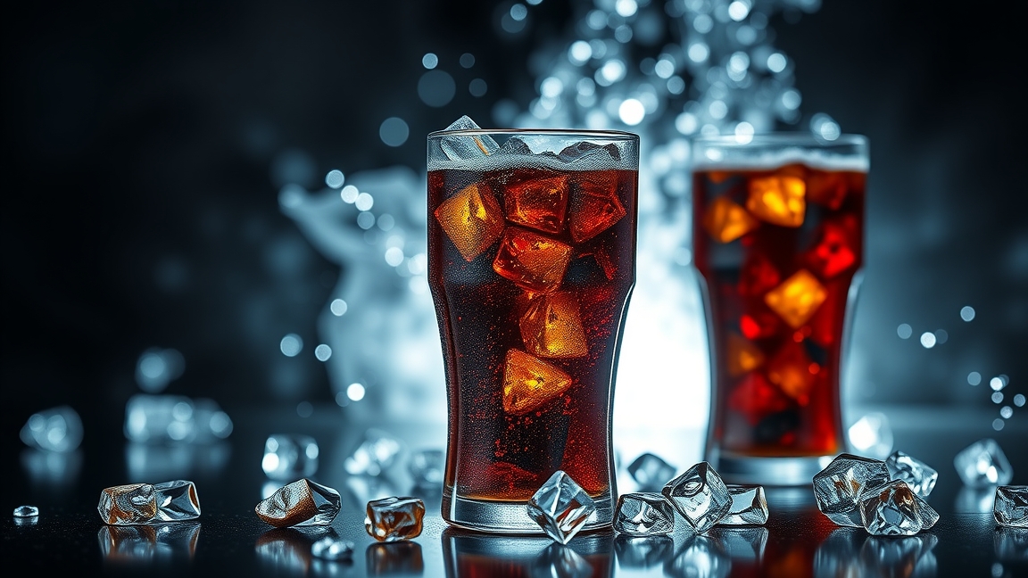 Szénsavas üdítők jégkockákkal egy asztalon