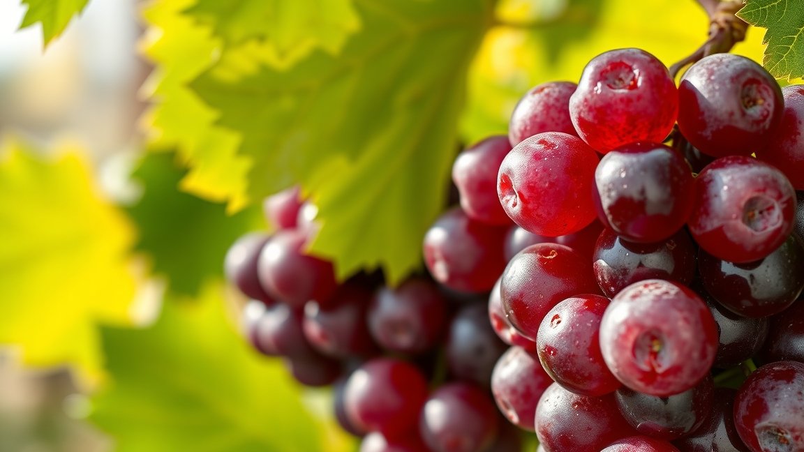 Friss, érett szőlőfürt zöld levelekkel háttérben.