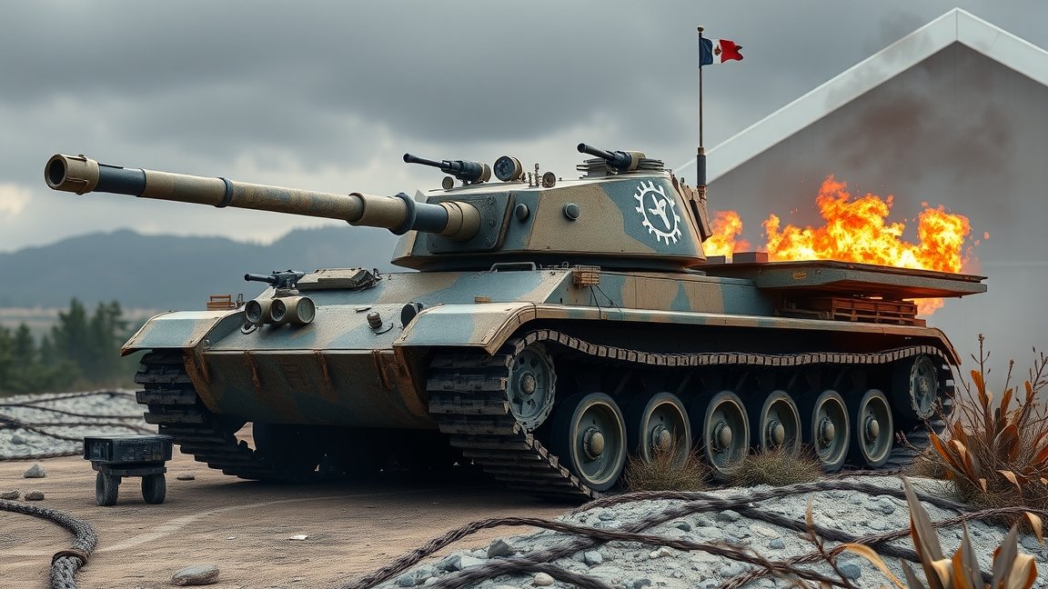 Modern tank in action with flames demonstrating military strategy