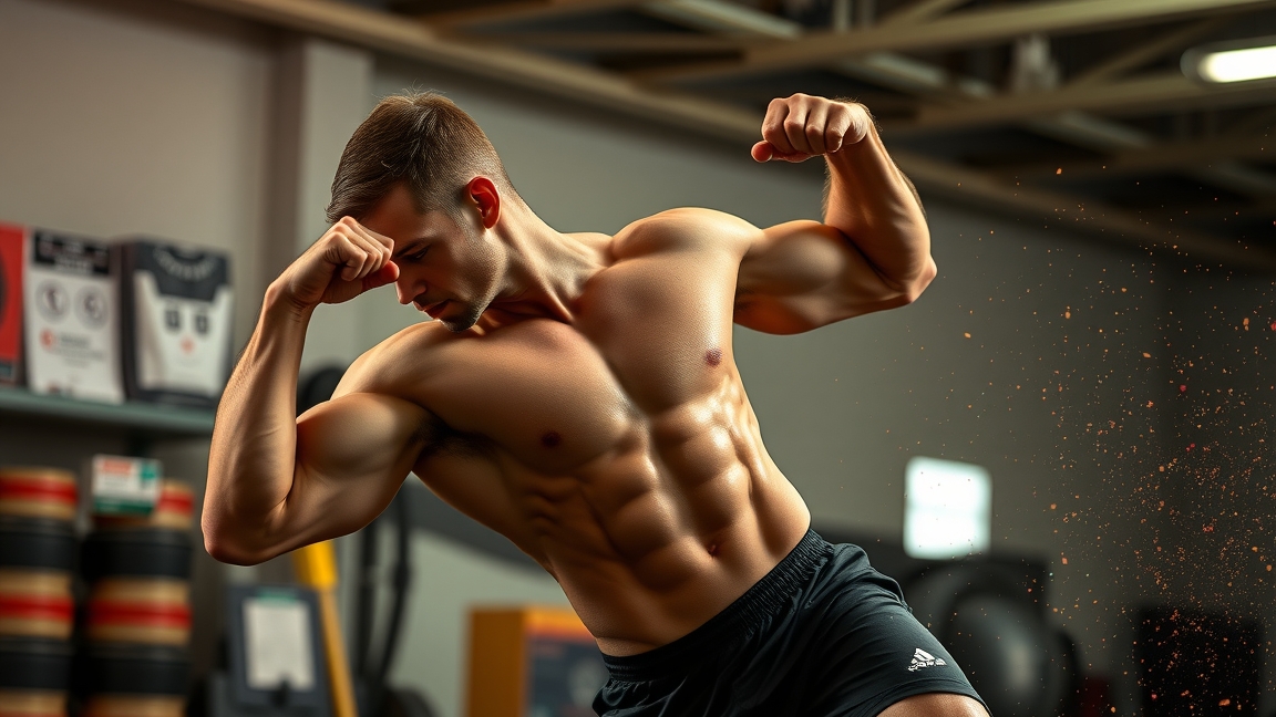 Férfi edzőteremben, izmos testformákkal és energikus testtartással.