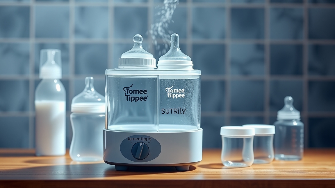 Tommee Tippee sterilizáló különböző tárolóedényekkel és üvegekkel.