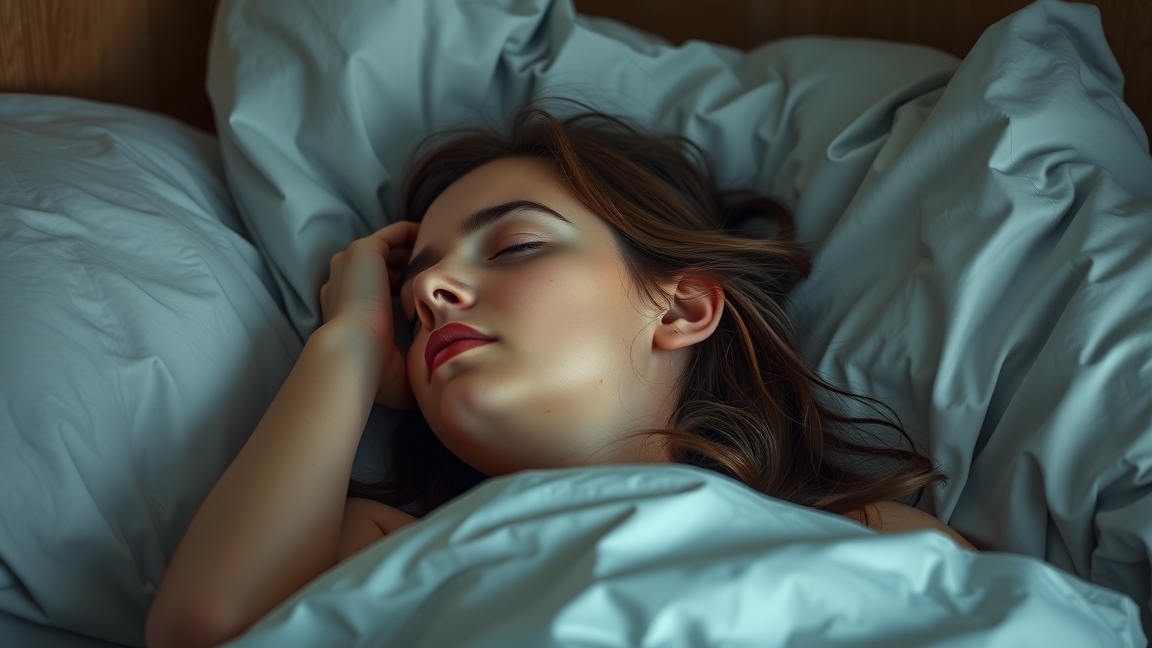 Fiatal nő alszik puha takaró alatt egy békés környezetben.