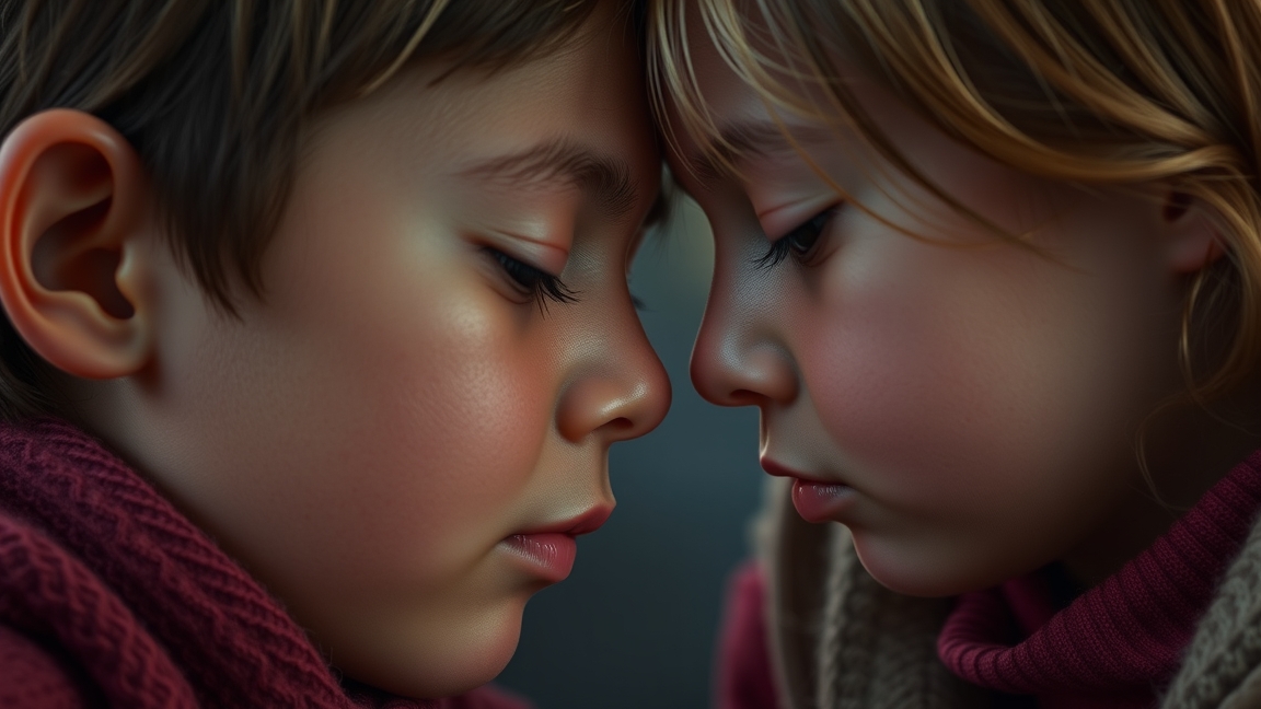 Két gyermek egymással néz, érzelmi kapcsolatot tükrözve.