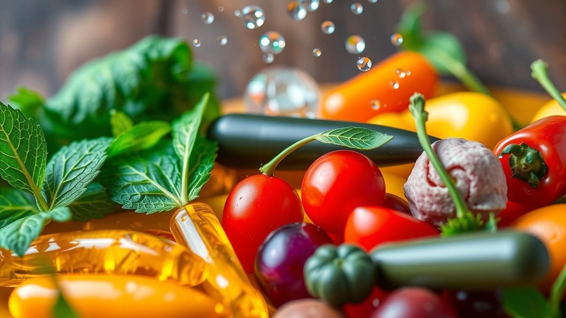 Színes zöldségek és vitamin kapszulák, egészséges táplálkozás.