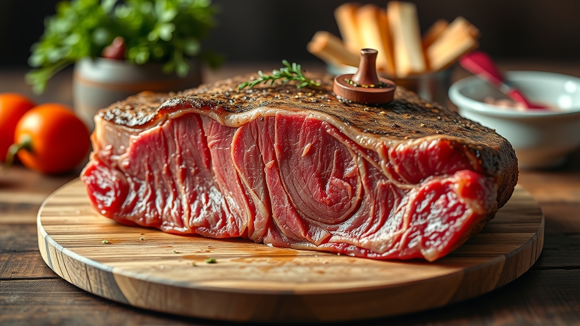 Friss vörös hús tálalva egy fa vágódeszkán, zöld fűszerekkel.