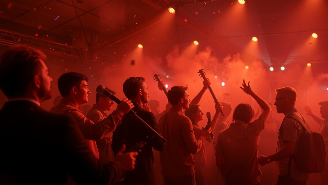 Fiatalok élvezik a zenét egy koncerten, élénk hangulatban.