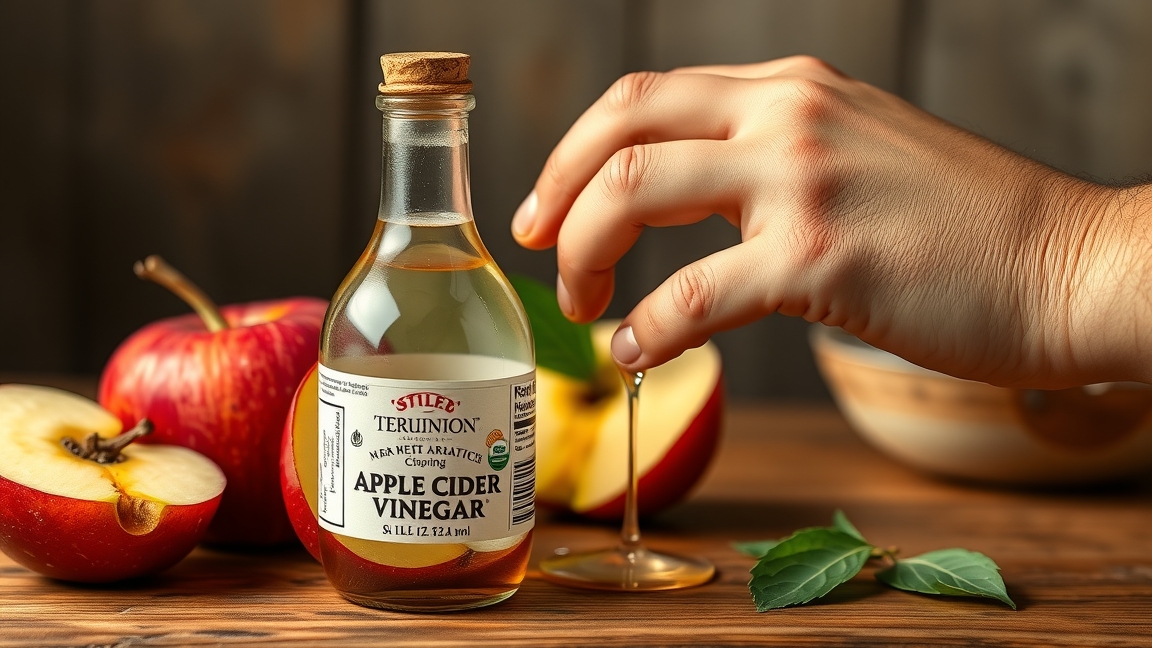 Almaecet üveg a közelben, friss almák és egy kéz válogatja ki az ecetet.