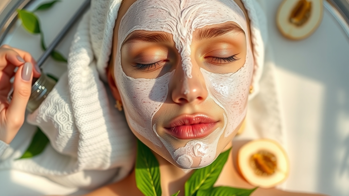 A nő arcmaszkot visel, zöld levelekkel és gyümölccsel körülvéve.