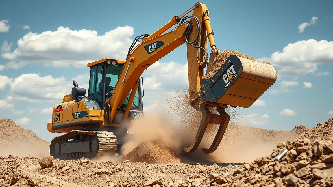 Ásógép dolgozik egy földmunkán, homokot emelve a talajból