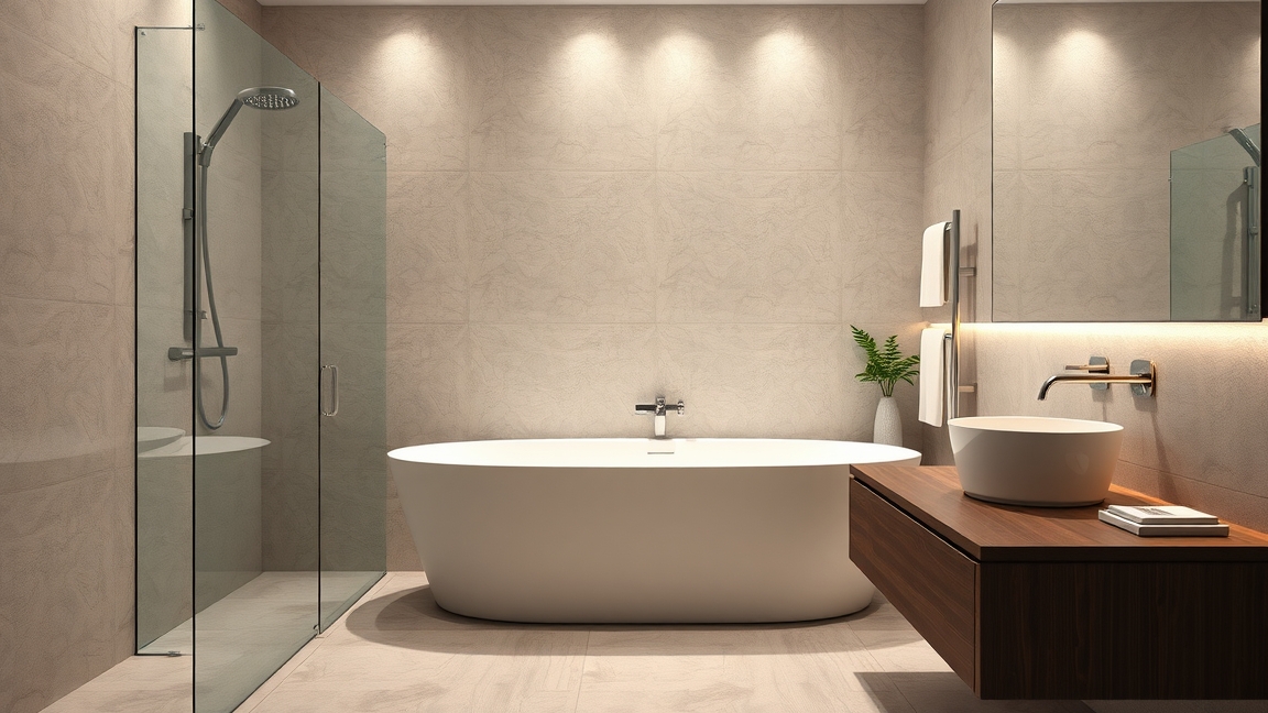 Modern fürdőszoba automata kádleeresztővel és esztétikus berendezéssel.