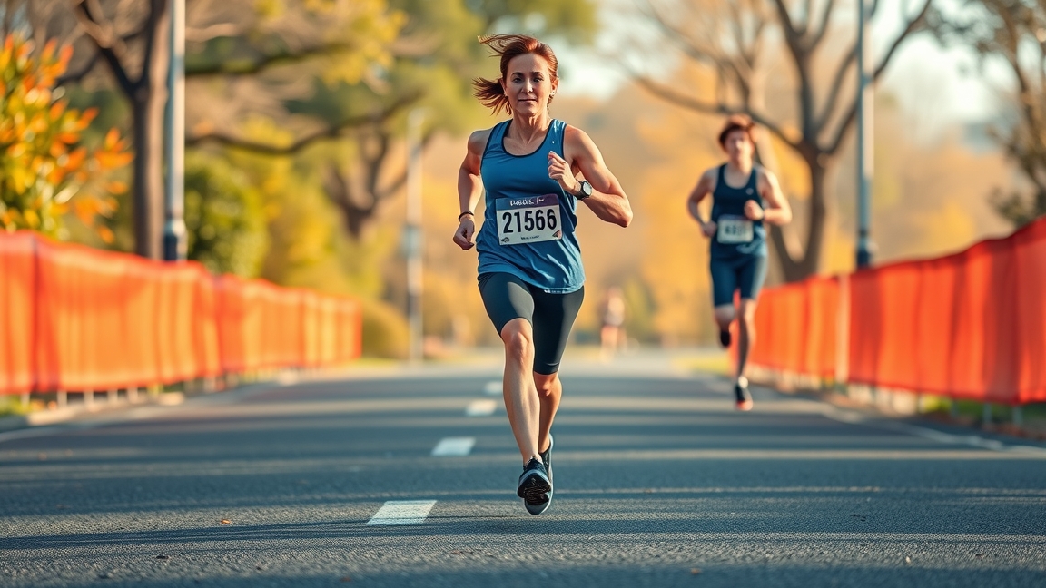 Női futó 5 km-es versenyen, kiemelkedő teljesítménnyel