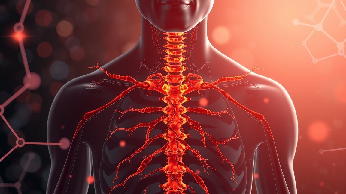 Egy emberi test vázlata, kiemelt érrendszerrel és gerincvel.
