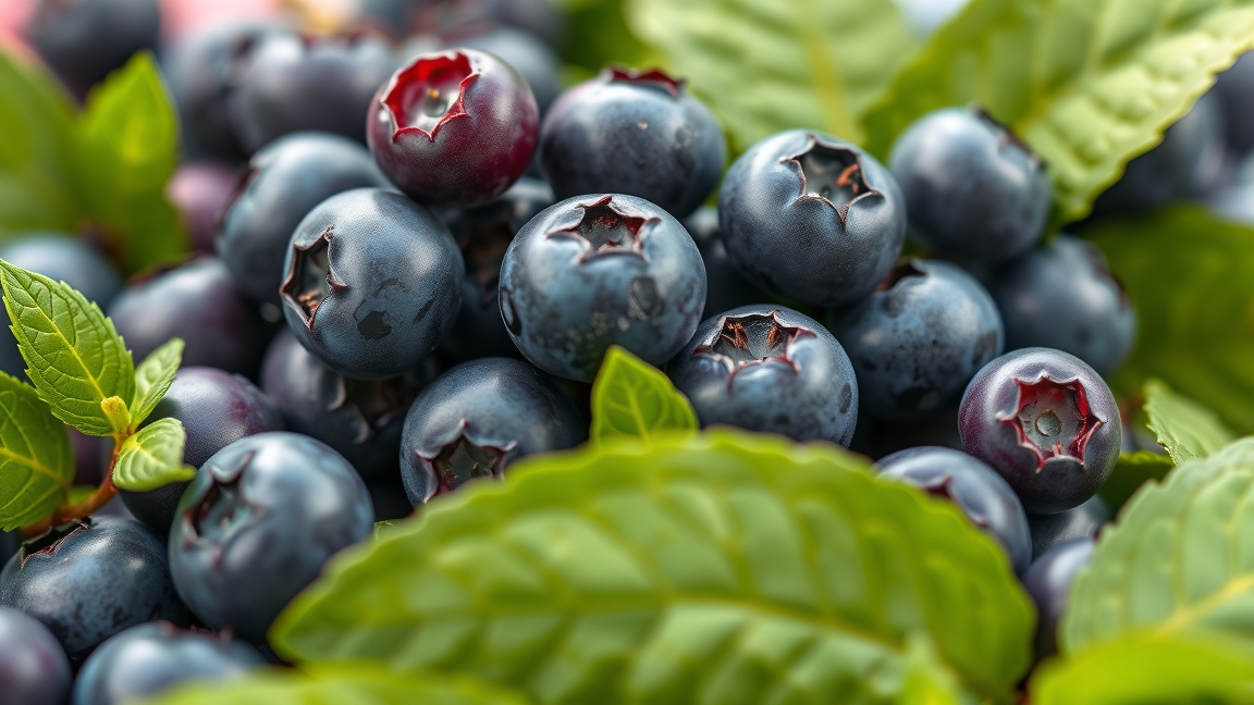 Friss áfonyák levelek között, amelyek jótékony hatással vannak az emésztésre.