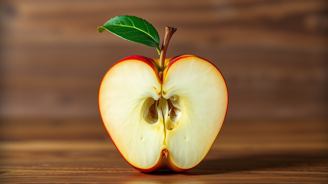 Felezett alma, amely szív formát öltött, zöld levéllel.