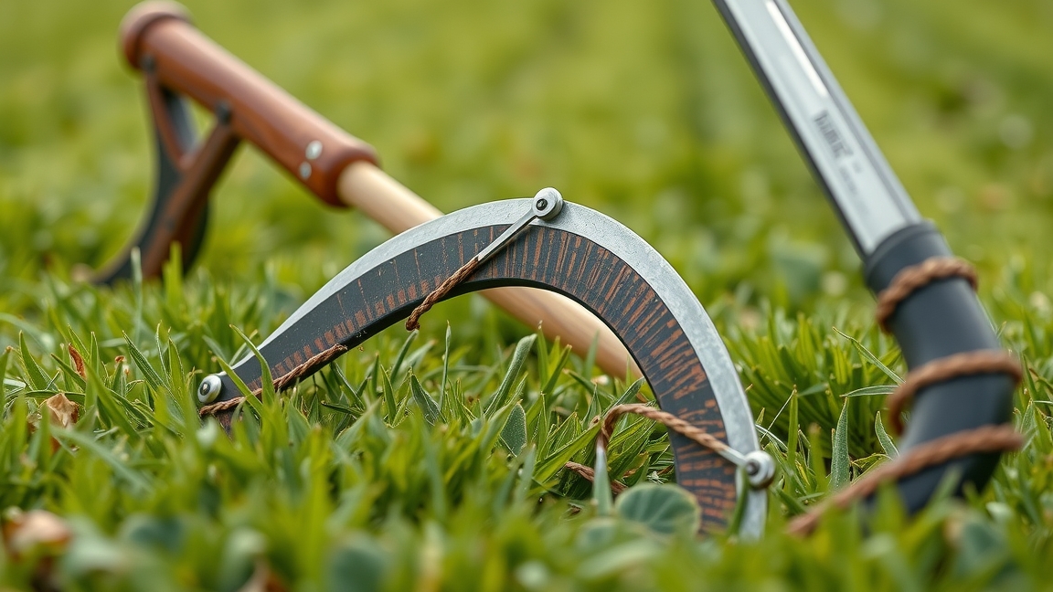 Alternáló kasza a fűben, innovatív mezőgazdasági eszköz.