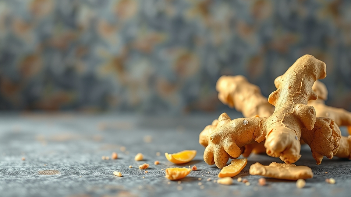 Aszalt gyömbér darabok egy szürke háttér előtt, tápláló snack