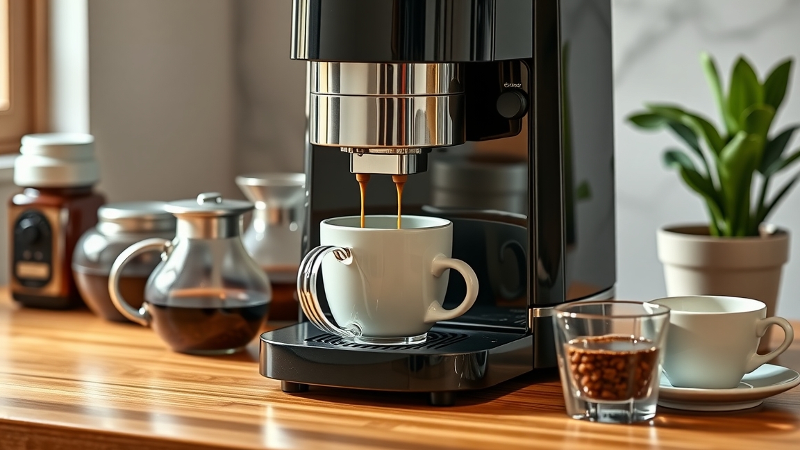 Automata kávéfőző működés közben frissen készített kávéval.