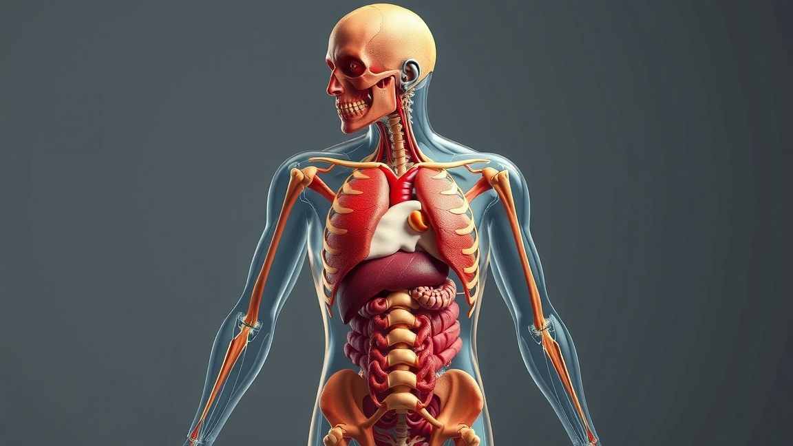 Az emberi test részletes anatómiai ábrázolása, látható szervek és rendszerek.
