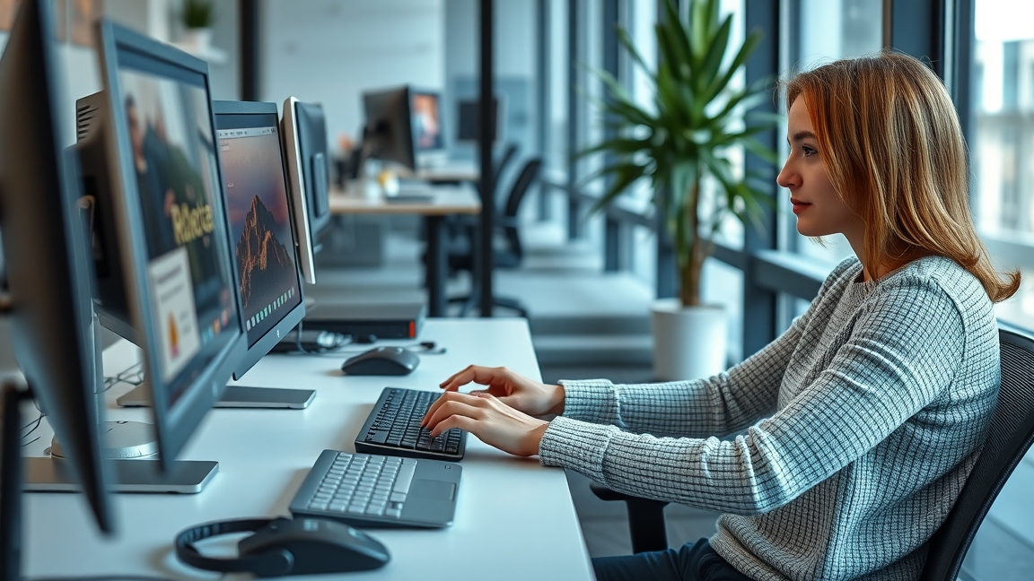 Nő ergonomikus gépelés közben számítógép előtt, munkahelyi környezetben